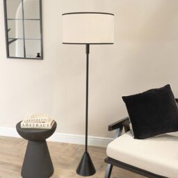 ValueLights Mitch Natural Linen Trim Lamp Shade Black Wood Triangle Floor Lamp - thumbnail 3