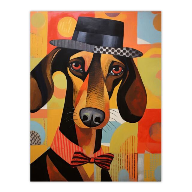 "Artery8 Wall Art Print The Hound In The Hat Dressed Dachshund Bow Tie Art Deco Sausage Dog Poster - Size: W12"" x H16""" - image 1