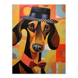 "Artery8 Wall Art Print The Hound In The Hat Dressed Dachshund Bow Tie Art Deco Sausage Dog Poster - Size: W12"" x H16""" - thumbnail 1