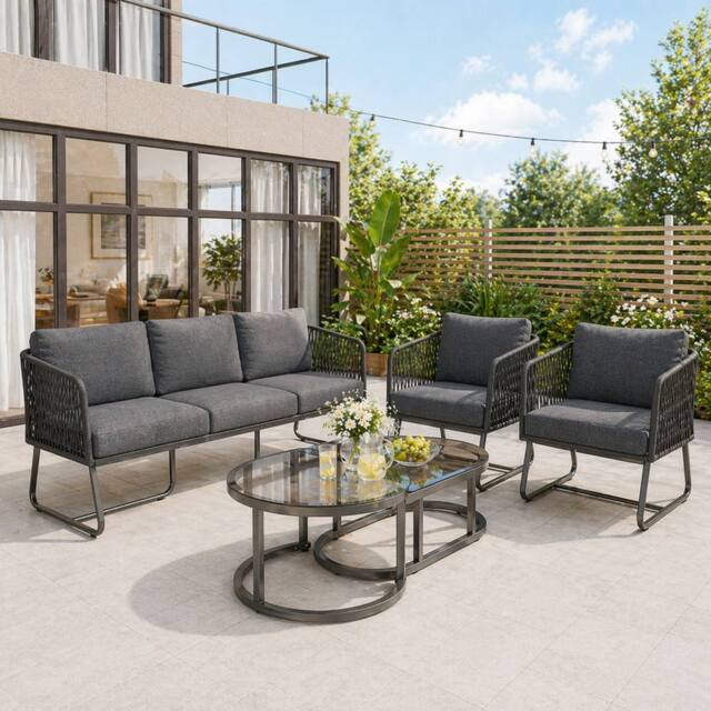 Merax Outdoor Garden Furniture Lounge Set with Glass Coffee Table in Grey - image 1
