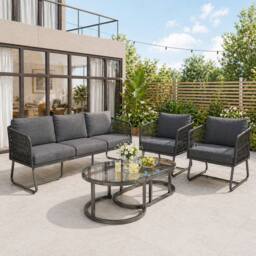 Merax Outdoor Garden Furniture Lounge Set with Glass Coffee Table in Grey - thumbnail 1