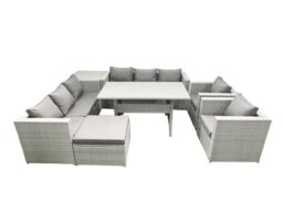 Fimous Rattan Garden Furniture Set Outdoor 8 Seater Patio Dinin g Sofa Sets with Dining Table 2 Chairs Side Table Big Footstool Light Grey Mixed - thumbnail 1
