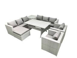 Fimous Rattan Garden Furniture Set Outdoor 8 Seater Patio Dinin g Sofa Sets with Dining Table 2 Chairs Side Table Big Footstool Light Grey Mixed - thumbnail 2
