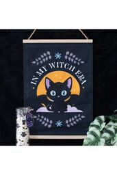 KDMD In My Witch Era Bat Cat Fabric Wall Hanging in Charcoal