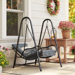 OUTSUNNY Rattan Swing Chair with Stand & Seat Cushion, Dark Grey - thumbnail 1