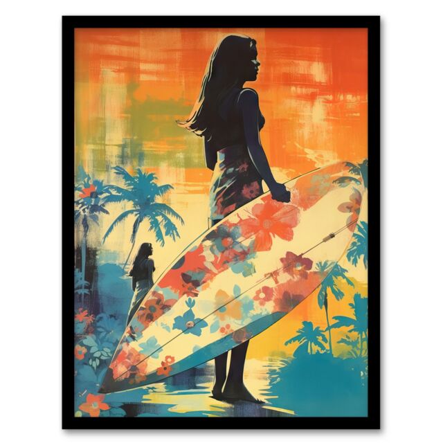 "Artery8 Wall Art Print Hawaiian Surf Retro Palm Tree Floral In Blue & Orange Vibrant Bold Bright Colourful Painting Art Framed - Size: W12"" x H16""" - image 1