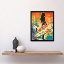 "Artery8 Wall Art Print Hawaiian Surf Retro Palm Tree Floral In Blue & Orange Vibrant Bold Bright Colourful Painting Art Framed - Size: W12"" x H16""" - thumbnail 4