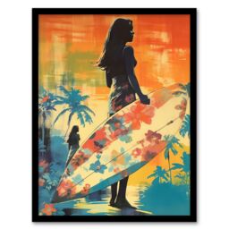 "Artery8 Wall Art Print Hawaiian Surf Retro Palm Tree Floral In Blue & Orange Vibrant Bold Bright Colourful Painting Art Framed - Size: W12"" x H16""" - thumbnail 1