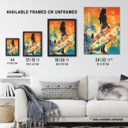 "Artery8 Wall Art Print Hawaiian Surf Retro Palm Tree Floral In Blue & Orange Vibrant Bold Bright Colourful Painting Art Framed - Size: W12"" x H16""" - thumbnail 3