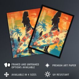 "Artery8 Wall Art Print Hawaiian Surf Retro Palm Tree Floral In Blue & Orange Vibrant Bold Bright Colourful Painting Art Framed - Size: W12"" x H16""" - thumbnail 2