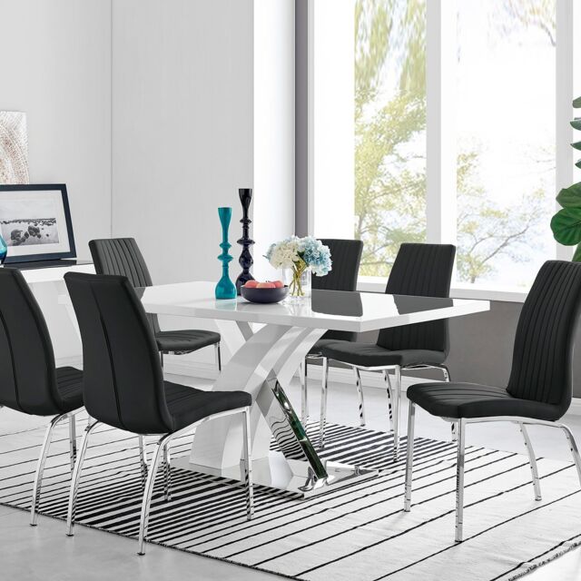 FurnitureboxUK Atlanta Modern Rectangle Chrome Metal High Gloss White Dining Table & 6 Isco Chairs Set in Black - image 1