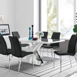 FurnitureboxUK Atlanta Modern Rectangle Chrome Metal High Gloss White Dining Table & 6 Isco Chairs Set in Black - thumbnail 1