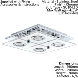 Loops Flush Ceiling Light Colour Chrome Shade White Clear Satin Glass Bulb GU10 4x3W - thumbnail 2
