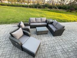 Fimous 8 Seater Rattan Wicker Garden Furniture Conservatory Sofa Set with Rectangular Coffee Table 3 Seater Sofa Love Sofa Big Footstool in Dark Grey - thumbnail 2