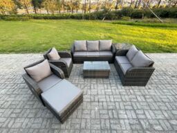 Fimous 8 Seater Rattan Wicker Garden Furniture Conservatory Sofa Set with Rectangular Coffee Table 3 Seater Sofa Love Sofa Big Footstool in Dark Grey - thumbnail 1
