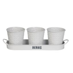 simpa Embossed Metal 3PC Herb Planters with Tray in White - thumbnail 2