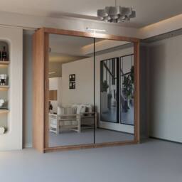 Sliding Wardrobes 4U Stylish Sliding Mirror Wardrobe with LED, Double Doors, 100cm in Walnut - thumbnail 1