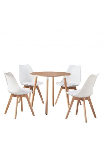 Life Interiors 5PCs Dining Set - a Round Dining Table & Set of 4 Lorenzo Tulip chairs with Padded Seat in White