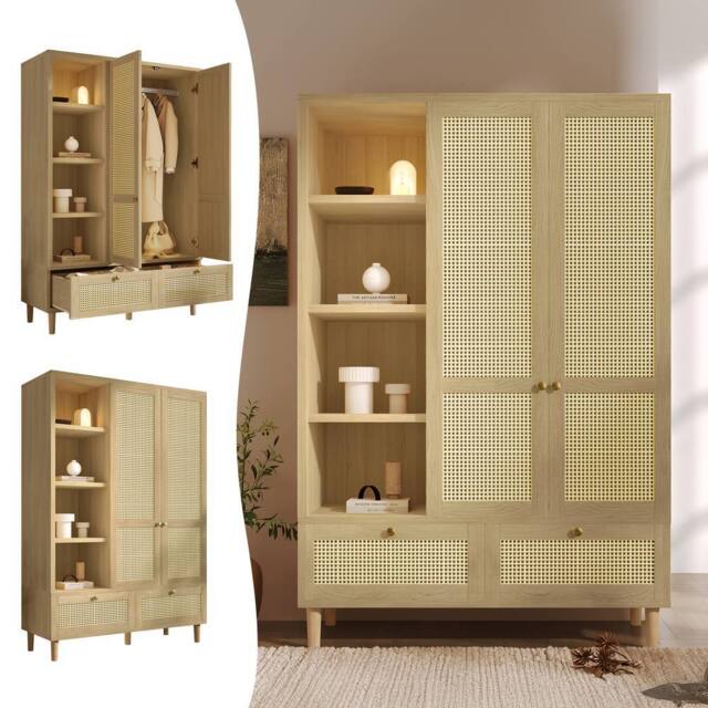 Merax Oak Rattan Effect Wardrobe with Open Shelves, Hanging Rail & 2 Drawers in Natural - image 1