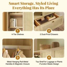 Merax Oak Rattan Effect Wardrobe with Open Shelves, Hanging Rail & 2 Drawers in Natural - thumbnail 3