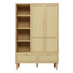 Merax Oak Rattan Effect Wardrobe with Open Shelves, Hanging Rail & 2 Drawers in Natural - thumbnail 8