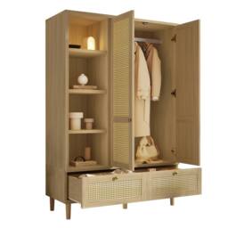 Merax Oak Rattan Effect Wardrobe with Open Shelves, Hanging Rail & 2 Drawers in Natural - thumbnail 6