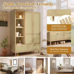 Merax Oak Rattan Effect Wardrobe with Open Shelves, Hanging Rail & 2 Drawers in Natural - thumbnail 4
