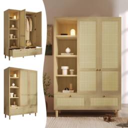 Merax Oak Rattan Effect Wardrobe with Open Shelves, Hanging Rail & 2 Drawers in Natural
