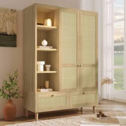 Merax Oak Rattan Effect Wardrobe with Open Shelves, Hanging Rail & 2 Drawers in Natural - thumbnail 7