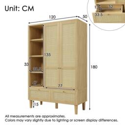 Merax Oak Rattan Effect Wardrobe with Open Shelves, Hanging Rail & 2 Drawers in Natural - thumbnail 2