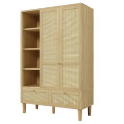 Merax Oak Rattan Effect Wardrobe with Open Shelves, Hanging Rail & 2 Drawers in Natural - thumbnail 9