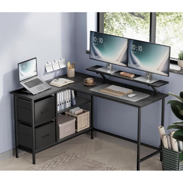 VASAGLE Large L-Shaped Gaming Desk 2 Drawers Monitor Stand Corner Computer in Black - image 1