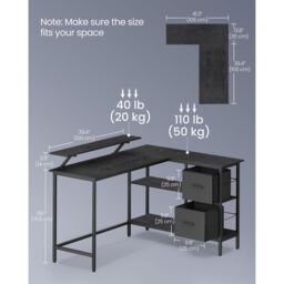 VASAGLE Large L-Shaped Gaming Desk 2 Drawers Monitor Stand Corner Computer in Black - thumbnail 2