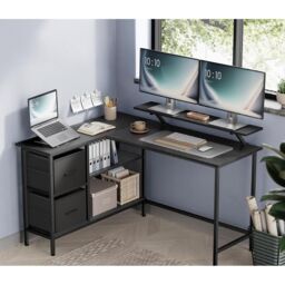 VASAGLE Large L-Shaped Gaming Desk 2 Drawers Monitor Stand Corner Computer in Black - thumbnail 1