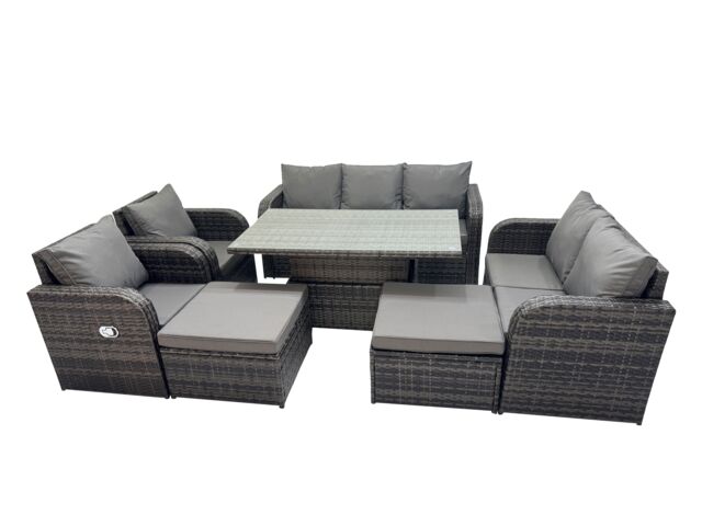 Fimous Rattan Garden Furniture Dining Set 9-seater with Big Footstool in Dark Grey - image 1
