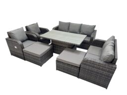 Fimous Rattan Garden Furniture Dining Set 9-seater with Big Footstool in Dark Grey - thumbnail 2