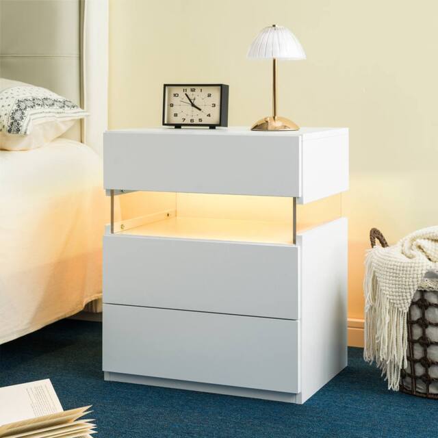 Direct Wicker LED Nightstand Acrylic Board Bedside Table End Table with 3 Drawer in White - Size: 1 Pack - image 1