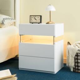 Direct Wicker LED Nightstand Acrylic Board Bedside Table End Table with 3 Drawer in White - Size: 1 Pack - thumbnail 1