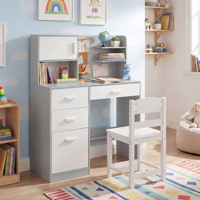 CASART Kids Desk &Chair Set Wooden Study Table w/Hutch Writing Desk Chair Set in Grey - image 1