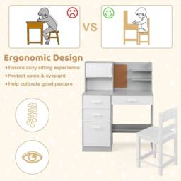 CASART Kids Desk &Chair Set Wooden Study Table w/Hutch Writing Desk Chair Set in Grey - thumbnail 6