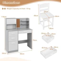 CASART Kids Desk &Chair Set Wooden Study Table w/Hutch Writing Desk Chair Set in Grey - thumbnail 4
