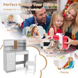 CASART Kids Desk &Chair Set Wooden Study Table w/Hutch Writing Desk Chair Set in Grey - thumbnail 3