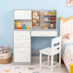 CASART Kids Desk &Chair Set Wooden Study Table w/Hutch Writing Desk Chair Set in Grey - thumbnail 8