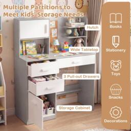 CASART Kids Desk &Chair Set Wooden Study Table w/Hutch Writing Desk Chair Set in Grey - thumbnail 7