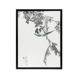"Artery8 Great Tit & Cypress Japanese Framed Canvas Wall Art Print Kashu - Size: W12"" x H16""" - thumbnail 1