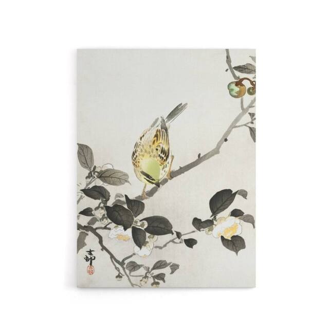 "Artery8 Bunting On Blossom Branch Canvas Wall Art Print Ohara Koson in Grey - Size: W18"" x H24""" - image 1