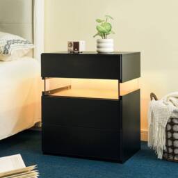 Direct Wicker LED Nightstand Acrylic Board Bedside Table End Table with 3 Drawer in Black - Size: 1 Pack