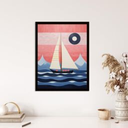 Wee Blue Coo Wall Art Print Setting Sail Sailboat in Mountain Coastal Landscape Geometric Coral Pink Blue Oil Painting Art Framed - Size: A4 - thumbnail 4