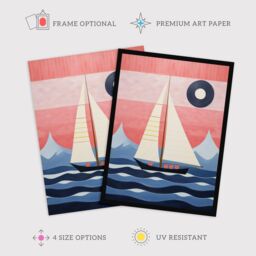 Wee Blue Coo Wall Art Print Setting Sail Sailboat in Mountain Coastal Landscape Geometric Coral Pink Blue Oil Painting Art Framed - Size: A4 - thumbnail 2