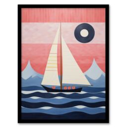 Wee Blue Coo Wall Art Print Setting Sail Sailboat in Mountain Coastal Landscape Geometric Coral Pink Blue Oil Painting Art Framed - Size: A4 - thumbnail 1